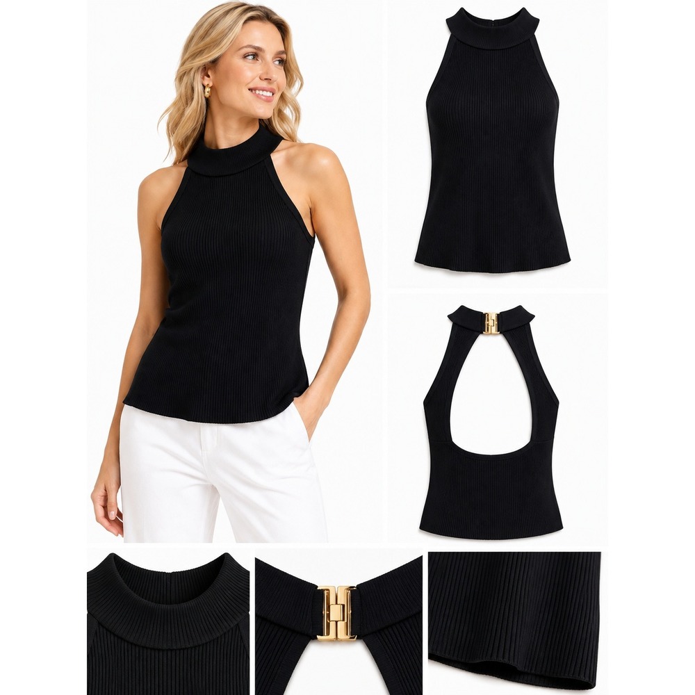 Zimmermann 3 Halter Top Ribbed Open Back Gold Clasp Minimalist Quiet Luxury Chic